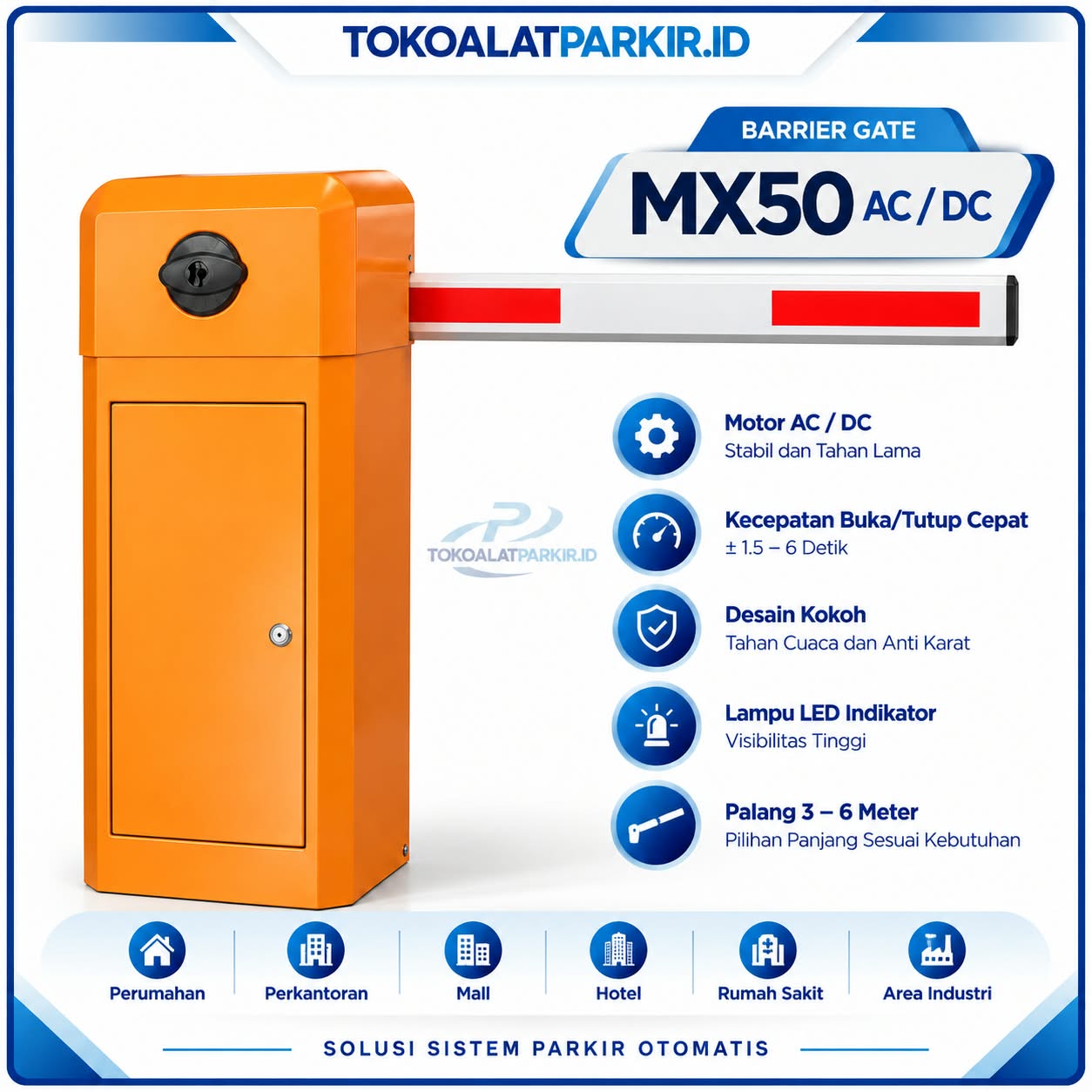 Gambar produk Barrier Gate MX80 AC/DC dari TokoAlatParkir.id, penyedia peralatan parkir otomatis untuk perumahan, perkantoran, gedung komersial, dan area parkir lainnya.
