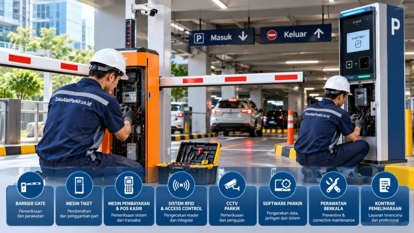 Jasa pemeliharaan alat dan sistem parkir oleh teknisi profesional.